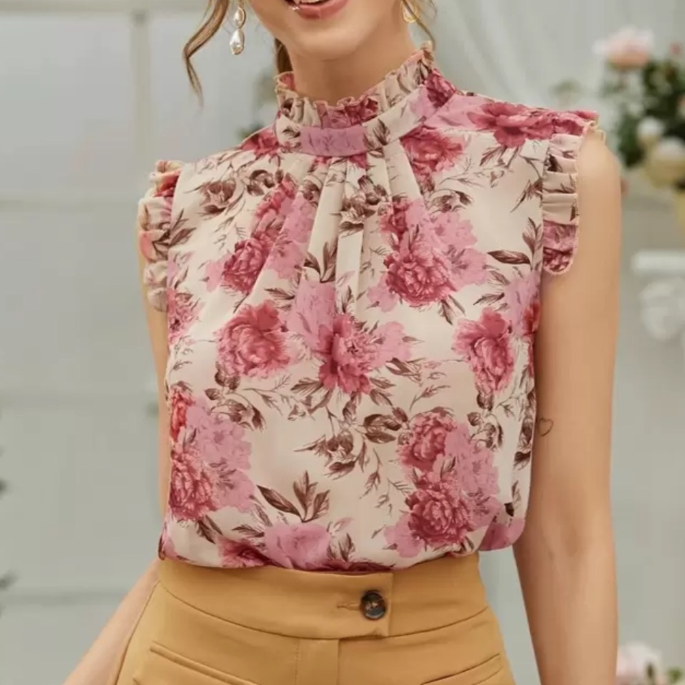 Floral Ruffle High-Neck Sleeveless Blouse - Pink